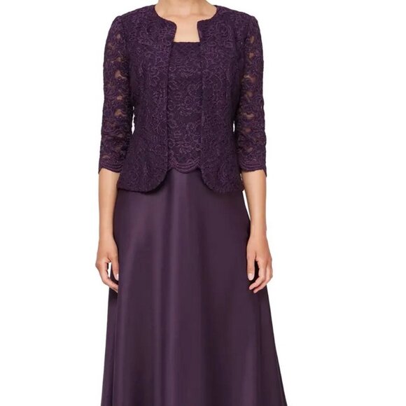 Alex Evenings Eggplant Purple Embroidered Lace Two-Piece Gown w/Jacket - Picture 1 of 6